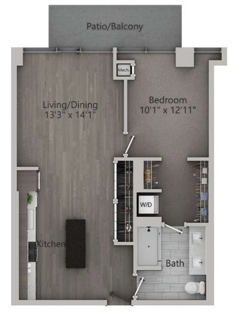 Floor plan for 1 bed, 1 bath, 760 sqft